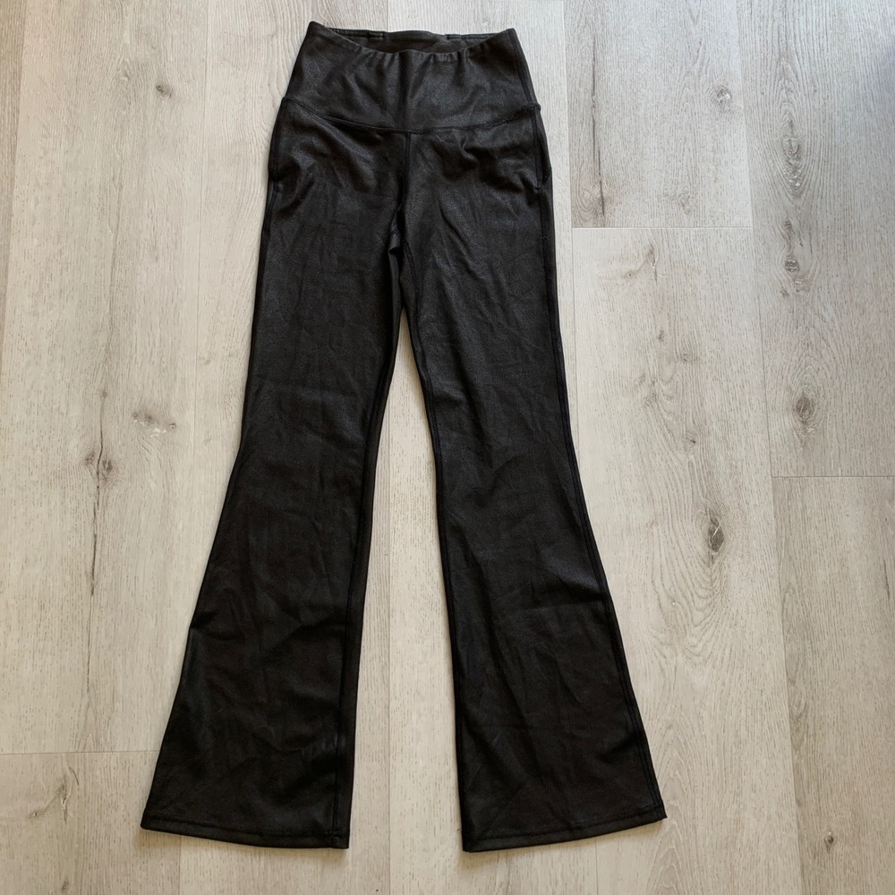 Mcedar Black Faux Leather Flare Leggings High Waisted Crackle Pants XS